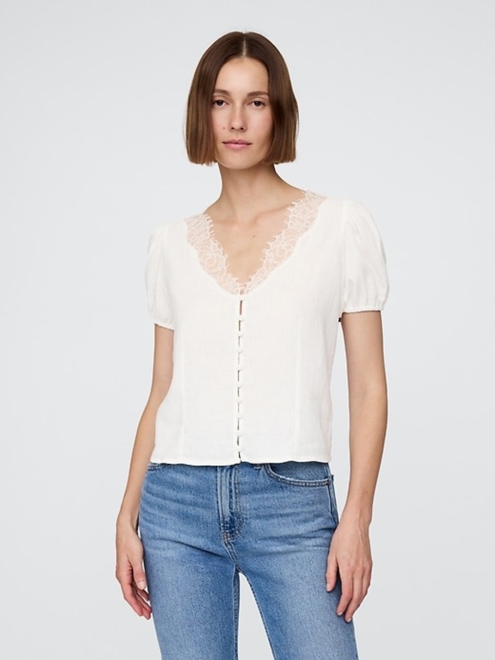 GAP White Lace-Trim V-Neck Button-Front Blouse